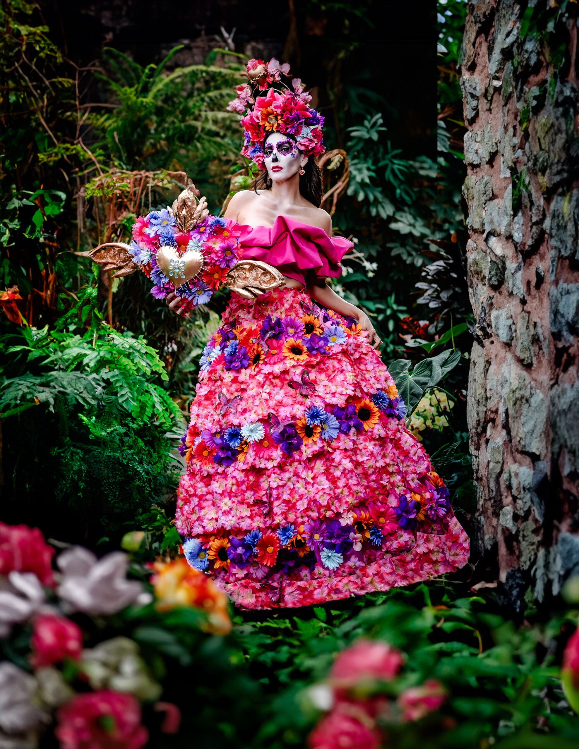 In Aztec mythology, Xochiquetzal was the goddess of love, beauty, flowers, and fertility, and the protector of young women. Flowers embodied in the ofrenda by an artistic portrayal of the Aztec deity Xochiquetzal.