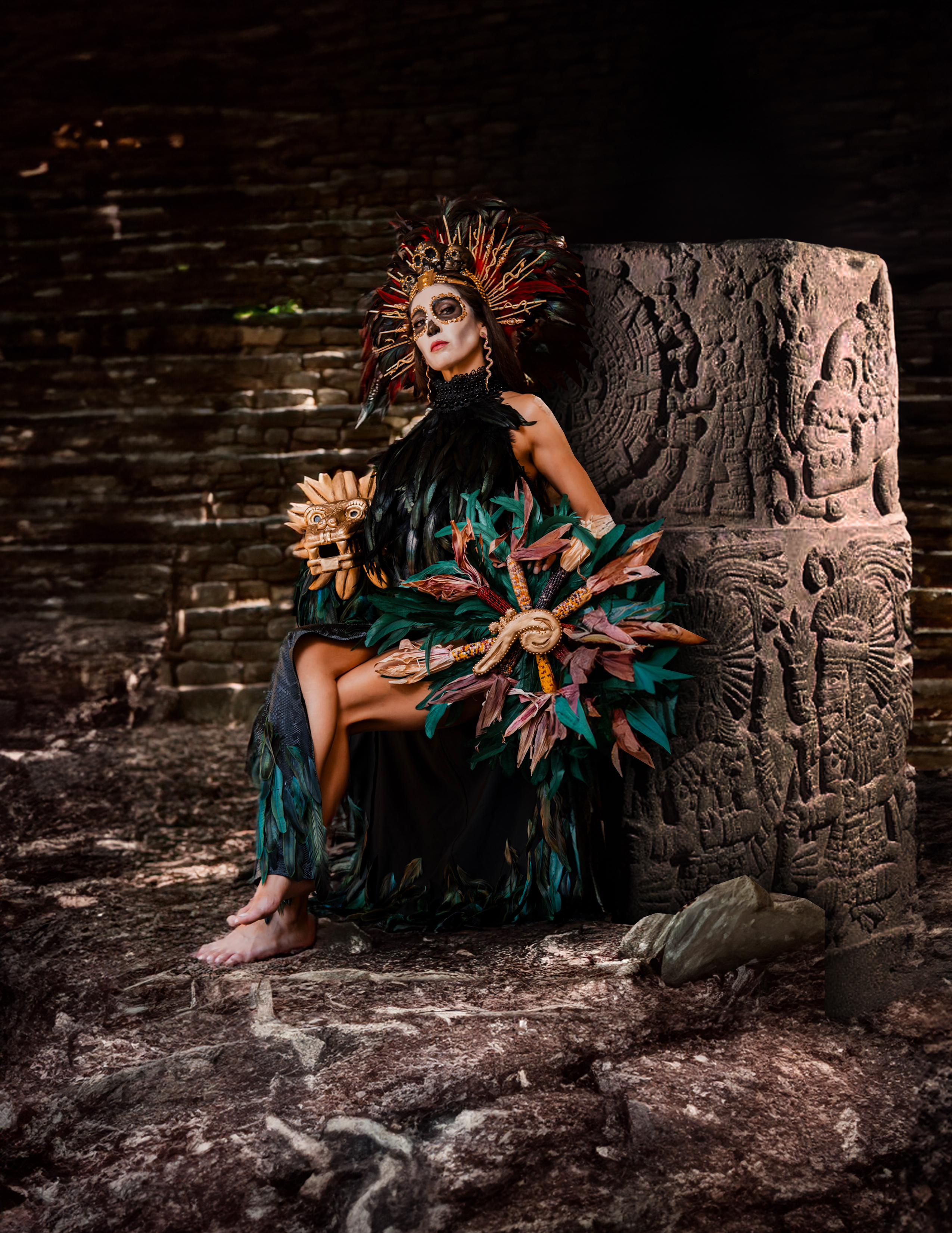 Catrina “Quetzalcoatl” is an artistic portrayal of the “Feathered Serpent”, a deity in Aztec culture and literature.