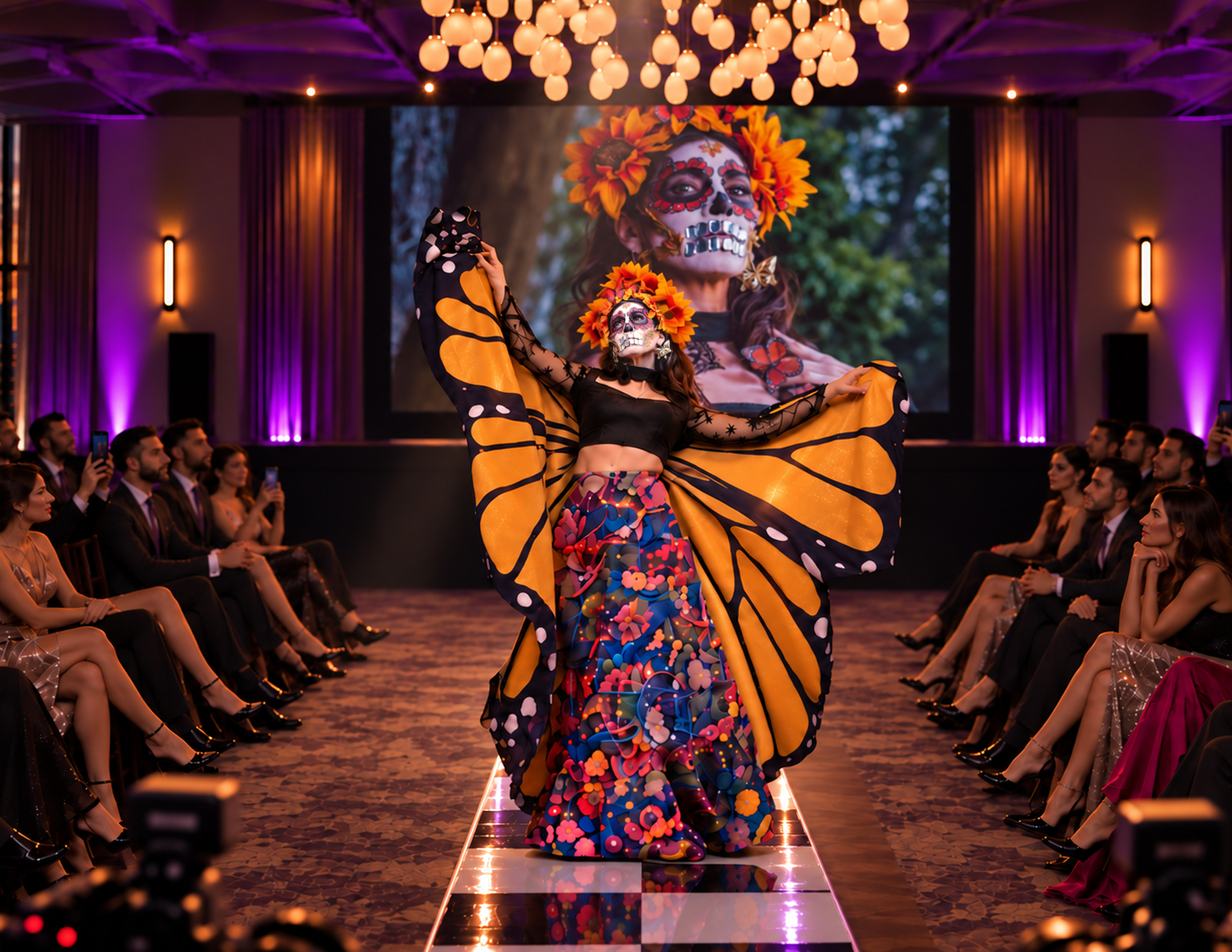 The iLaCatrinaยฎ Dรญa de los Muertos Experience comes to life through monumental LED visuals, live cultural storytelling and curated musical performances, with couture Catrinas brought to the runway by an exceptional cast of national pageant titleholders, television personalities and professional models in a visually immersive production