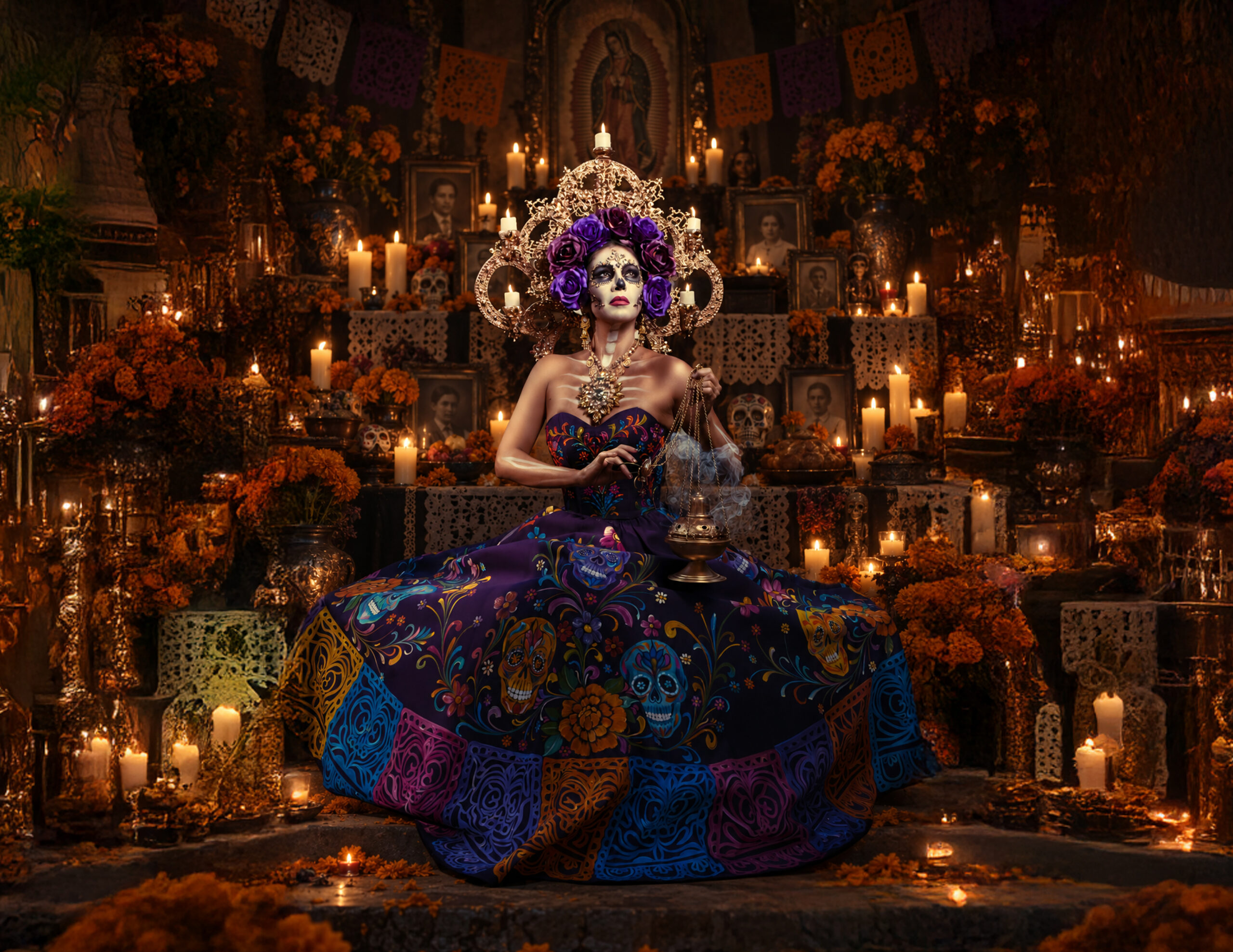 Catrina Ánimas gives physical form to this moment of reunion. She embodies the belief that on Día de Muertos, memory is expressed through tangible acts: lighting a candle, placing a photograph, preparing a familiar meal, arranging flowers and opening the home symbolically to those who came before. On November 2, the altar becomes the meeting point between remembrance, family and tradition, and the ánimas are welcomed home once again.