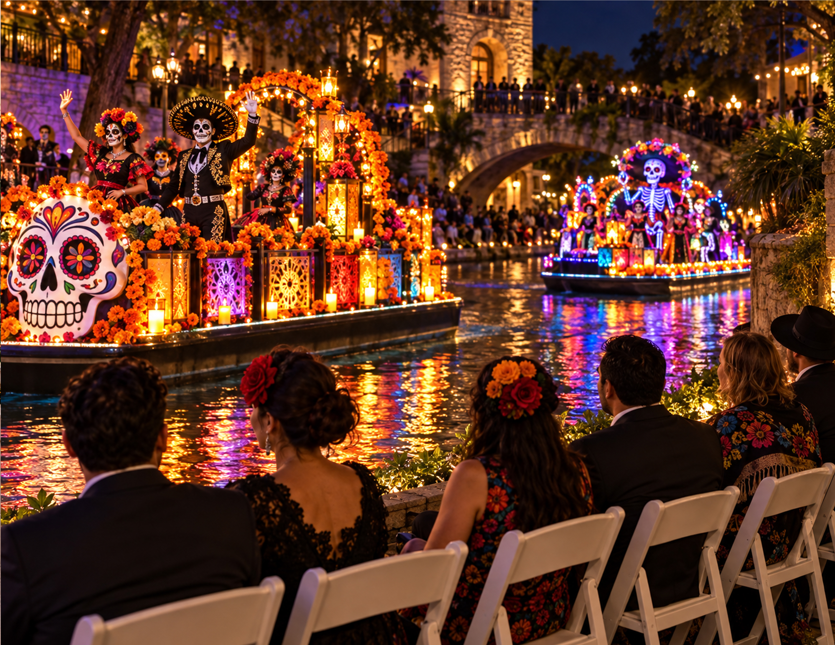 Premium guests receive preferred front-row seating along the River Walk, creating an exceptional view of the Day of the Dead River Parade.