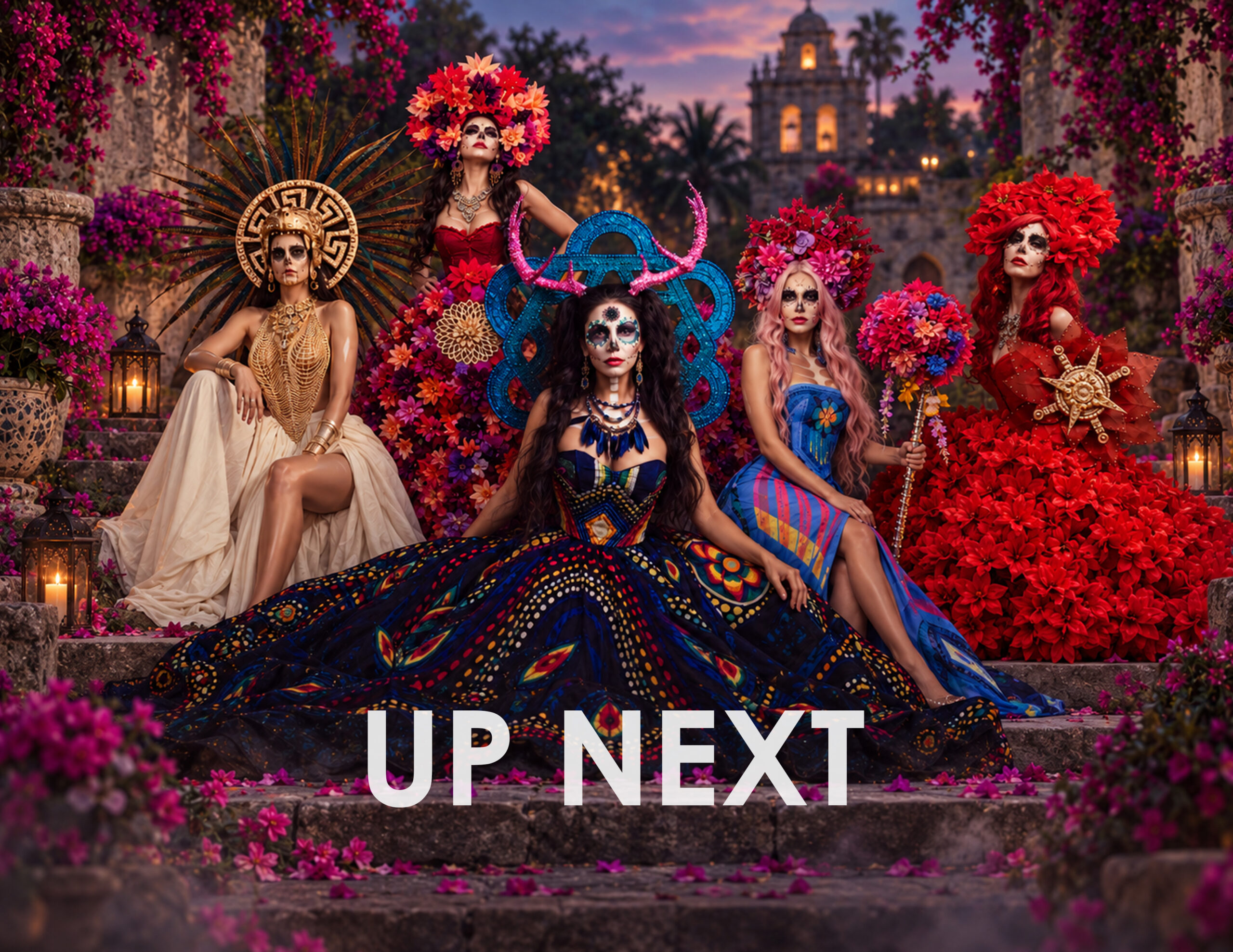 iLaCatrina® icons in Día de los Muertos inspired attire gathered among stone ruins, purple and pink flowers, and candlelight.